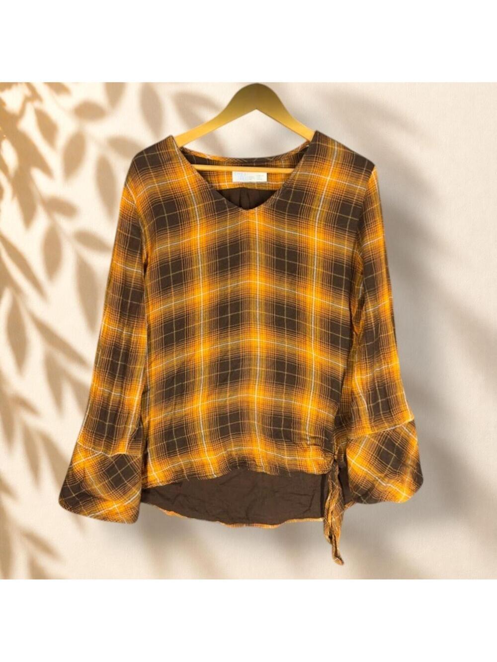 Time And Tru Blouse Women L Large Brown Plaid V-Neck Long Sleeve Cotton Casual